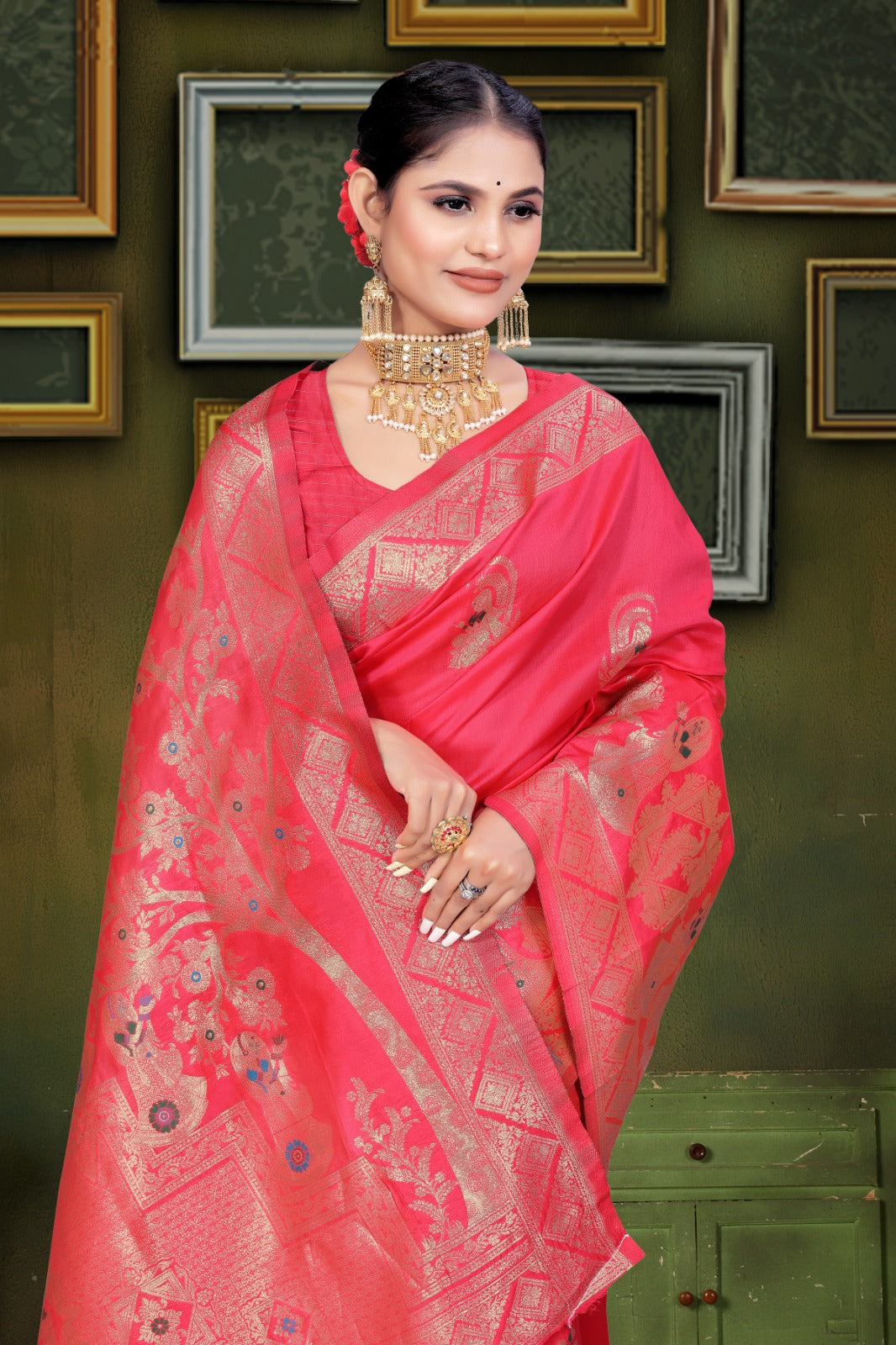 Ared and orange Banarasi saree with zari weaving and floral patterns, 