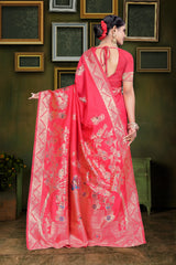 Ared and orange Banarasi saree with zari weaving and floral patterns, 