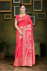 Ared and orange Banarasi saree with zari weaving and floral patterns, 