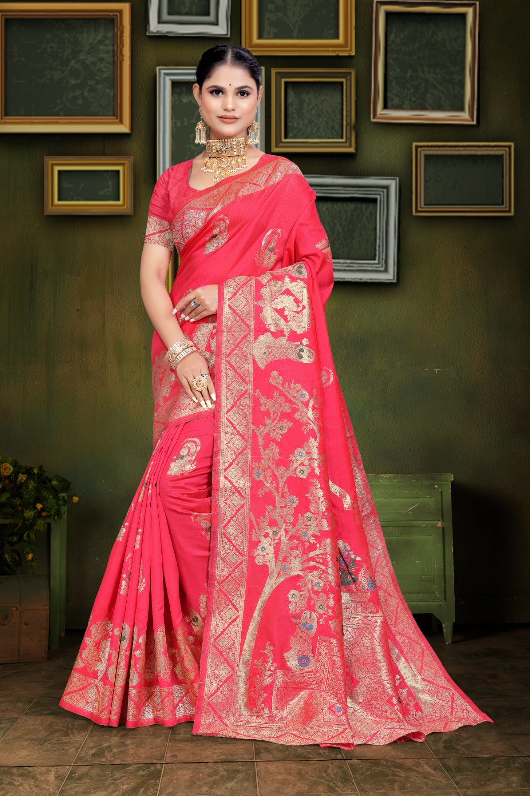 Ared and orange Banarasi saree with zari weaving and floral patterns, 