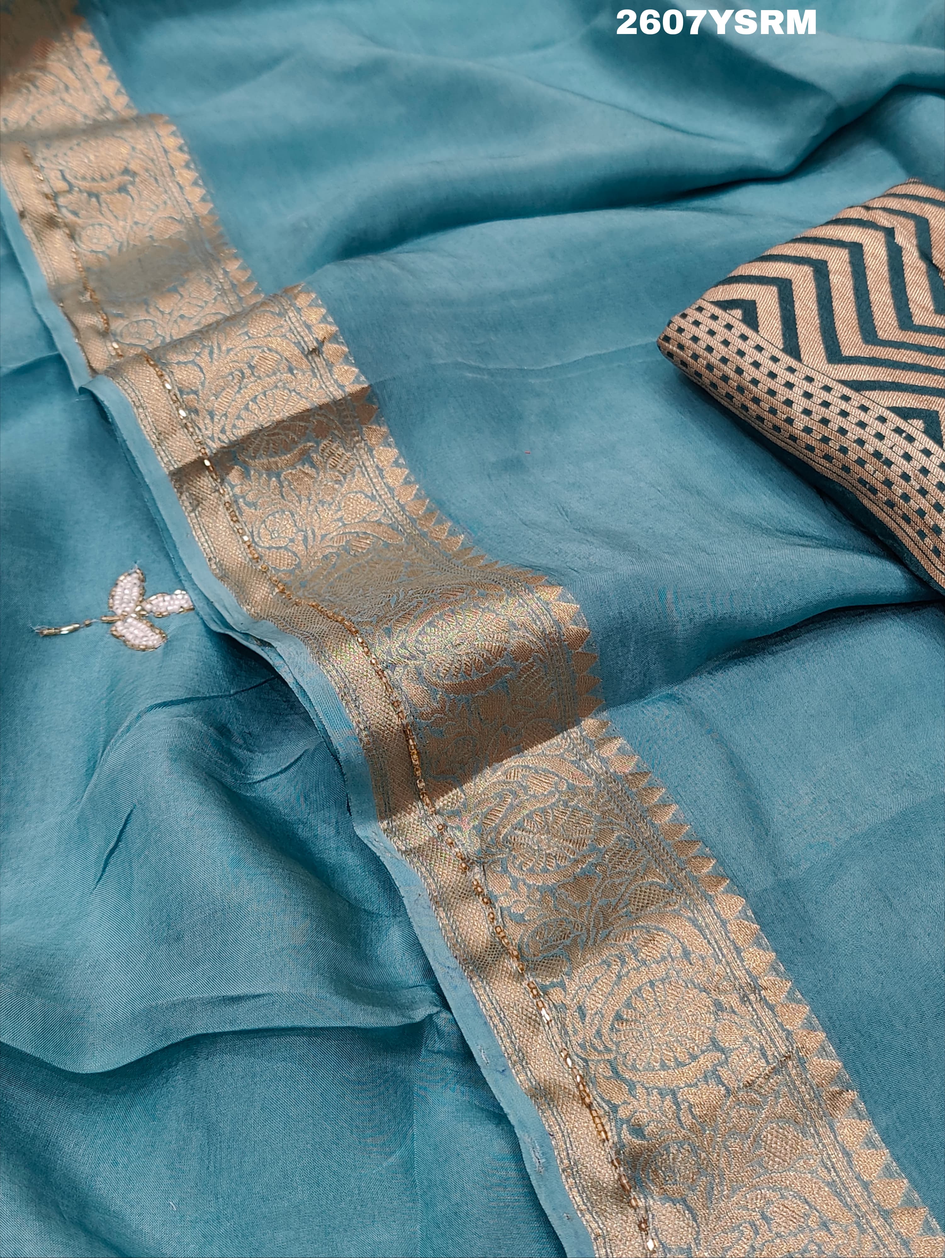 Blue saree with silver border Silk Bollywood Style With Cutdana Gotapatti Saree