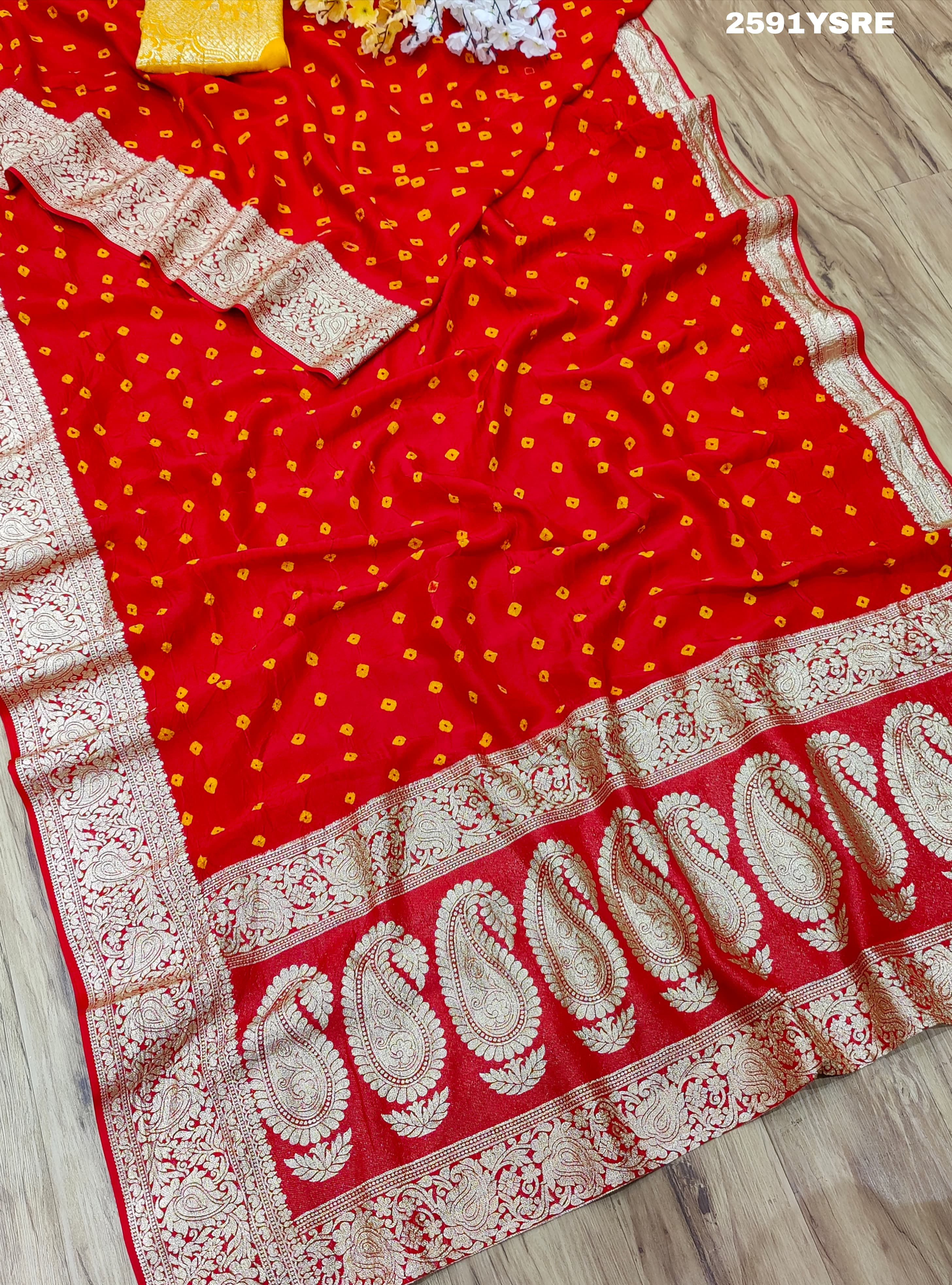 ByNew LaunchChinon Bandhani Style with Zari Border Work Saree