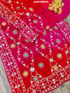 Red and pink saree with white embroidery Bollywood Style with Gotapatti Work 