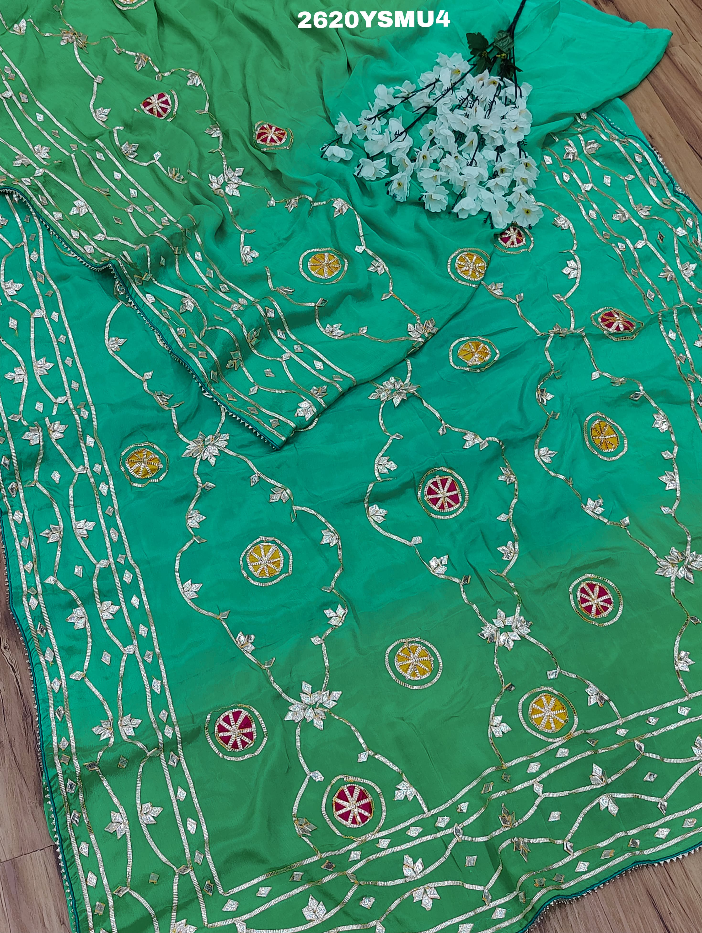 Green embroidered saree with floral patterns Chinon Bollywood Style with Gotapatti Work 