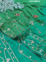 Green embroidered saree with floral patterns Chinon Bollywood Style with Gotapatti Work 
