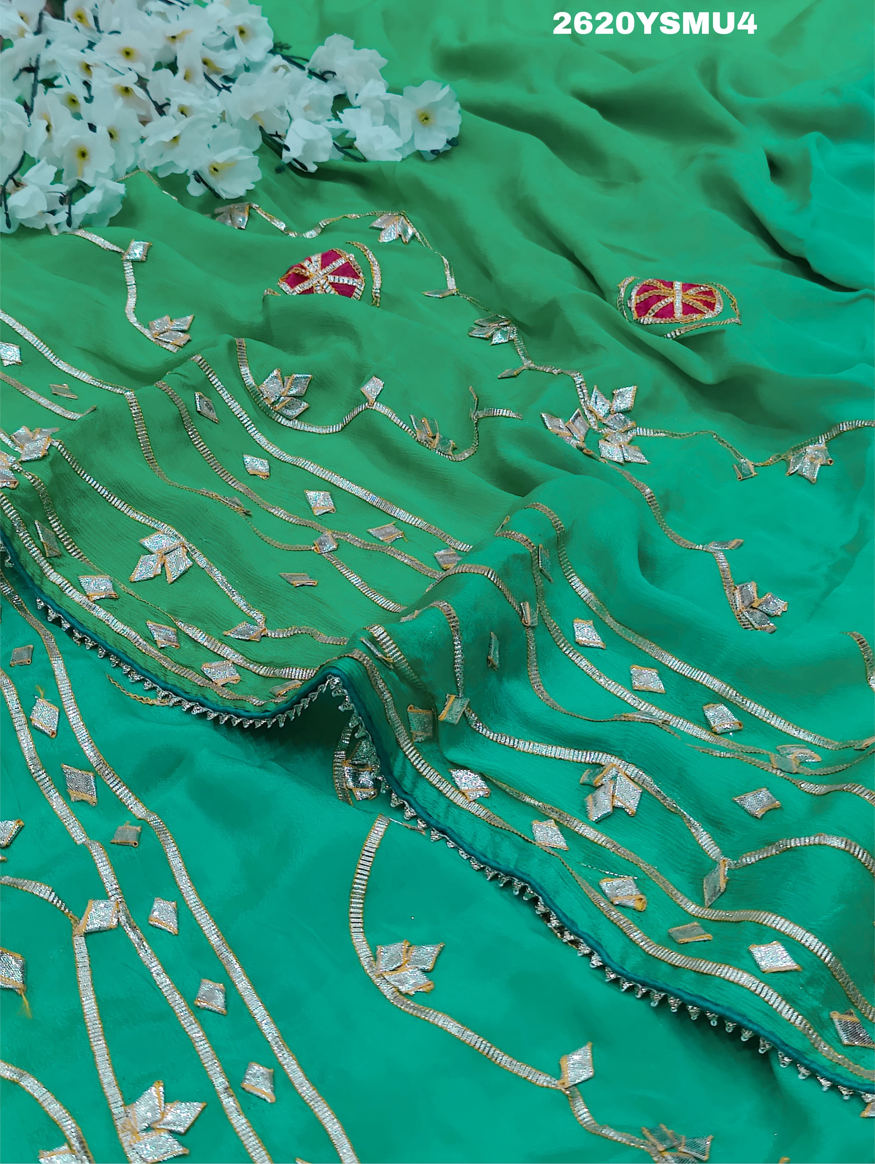 Green embroidered saree with floral patterns Chinon Bollywood Style with Gotapatti Work 