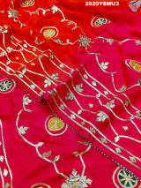 Red and orange saree with white floral patternsBollywood Style with Gotapatti Work 