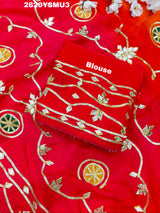 Red and orange saree with white floral patternsBollywood Style with Gotapatti Work 