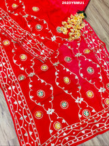 Red saree with white and gold floral patternsBollywood Style with Gotapatti Work