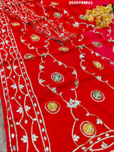 Red saree with white and gold floral patternsBollywood Style with Gotapatti Work
