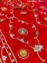 Red saree with white and gold floral patternsBollywood Style with Gotapatti Work