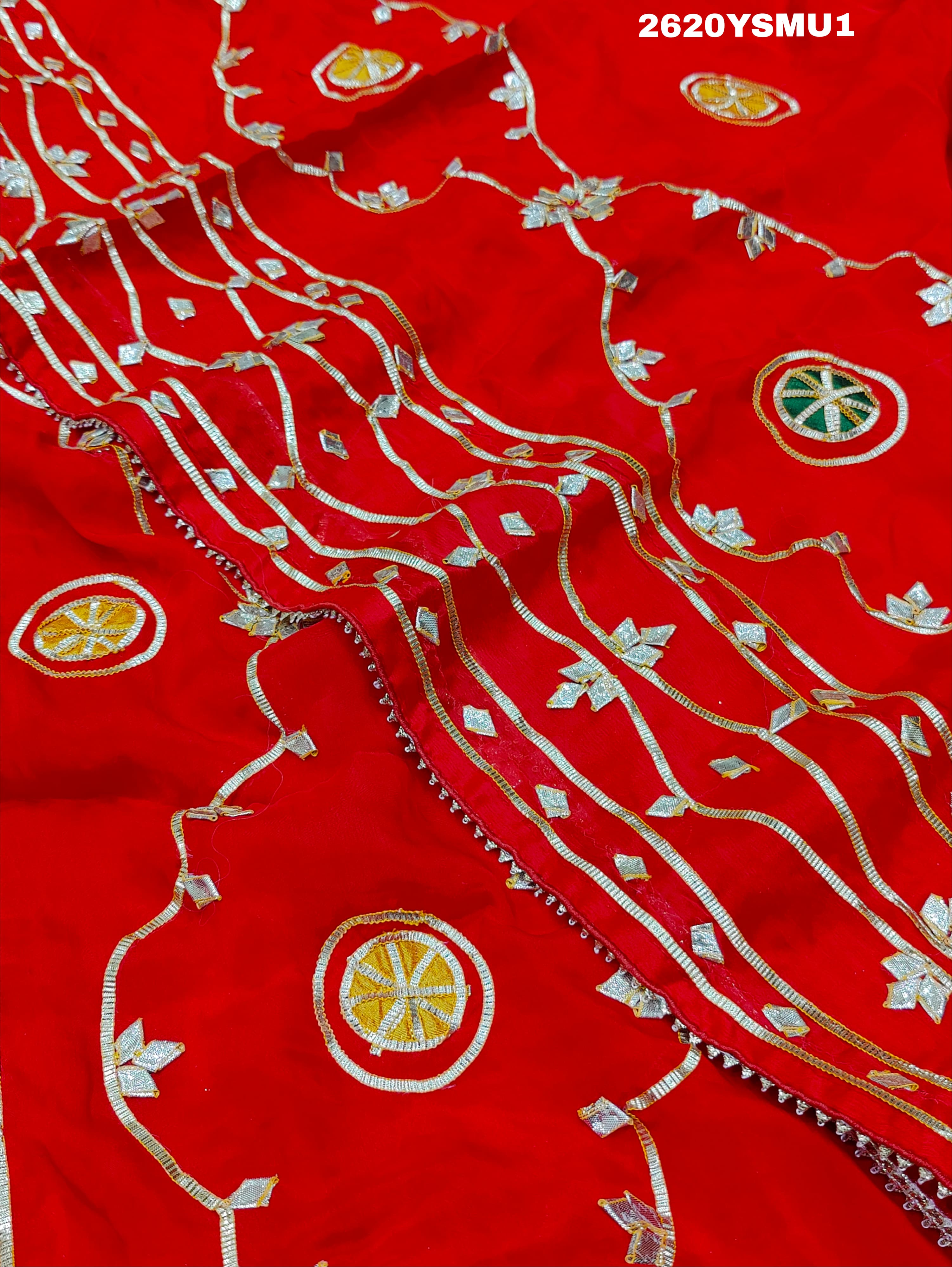 Red saree with white and gold floral patternsBollywood Style with Gotapatti Work