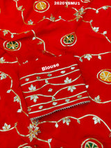Red saree with white and gold floral patternsBollywood Style with Gotapatti Work