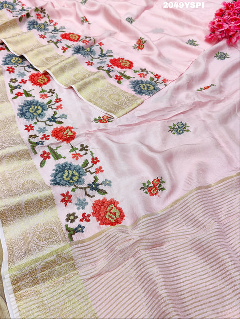 Pink embroidered saree with floral patterns style With Karosiya Hand Work 