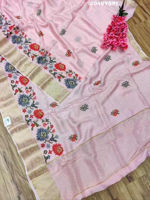 Pink embroidered saree with floral patterns style With Karosiya Hand Work 
