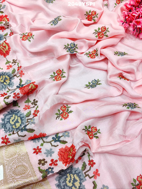 Pink embroidered saree with floral patterns style With Karosiya Hand Work 