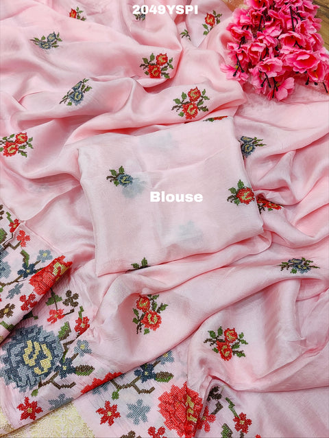 Pink embroidered saree with floral patterns style With Karosiya Hand Work 