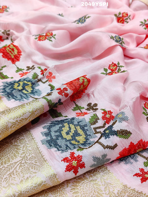 Pink embroidered saree with floral patterns style With Karosiya Hand Work 