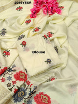 White saree with floral embroiderySilk With Karosiya Hand Work 