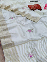 White saree with floral embroiderySilk Traditional Style With Zari Border Work Saree