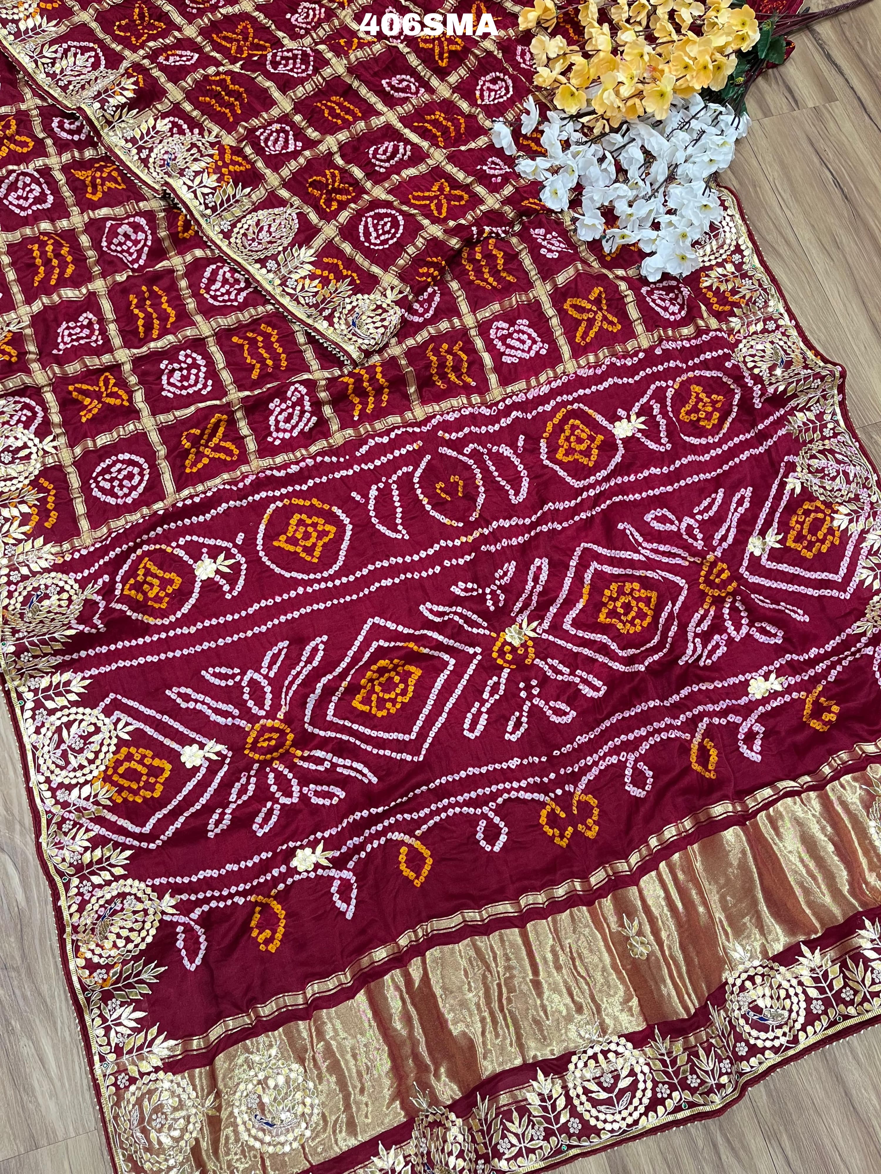 By New Latest Pure Gaji Silk Bandhani Ghatchola Gotapatti Saree