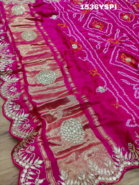 KcPc New Famous Pure Gaji silk Gharchola Bandhani Gota patti Work Saree AMT