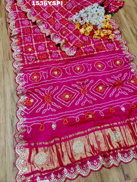 KcPc New Famous Pure Gaji silk Gharchola Bandhani Gota patti Work Saree AMT