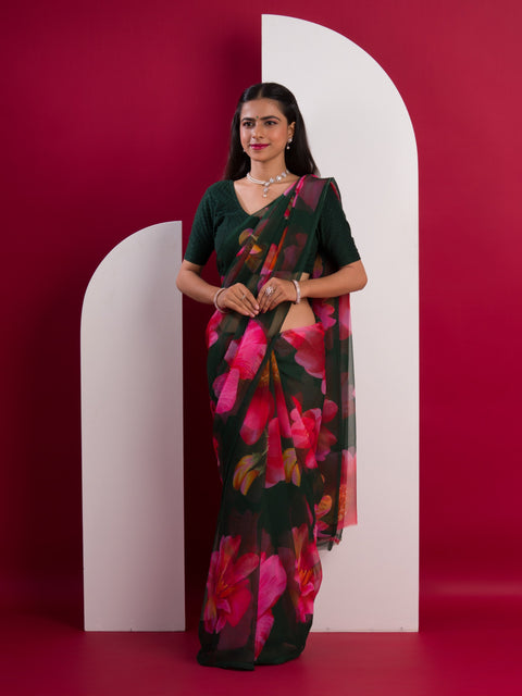  Georgette Flower Printed Style Saree in black colour