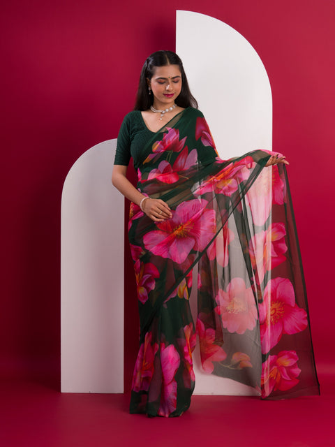  Georgette Flower Printed Style Saree in black colour