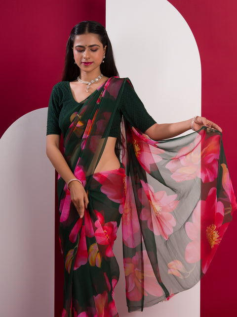  Georgette Flower Printed Style Saree in black colour