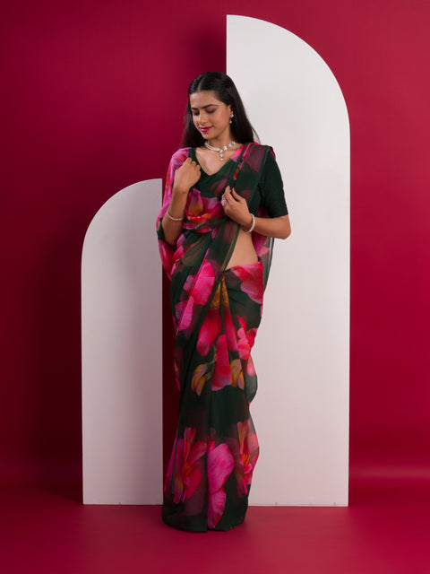  Georgette Flower Printed Style Saree in black colour