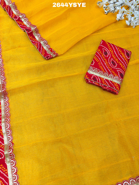 KcPc New One Embroidery Bandhani Border Kota Doriya Saree SWA