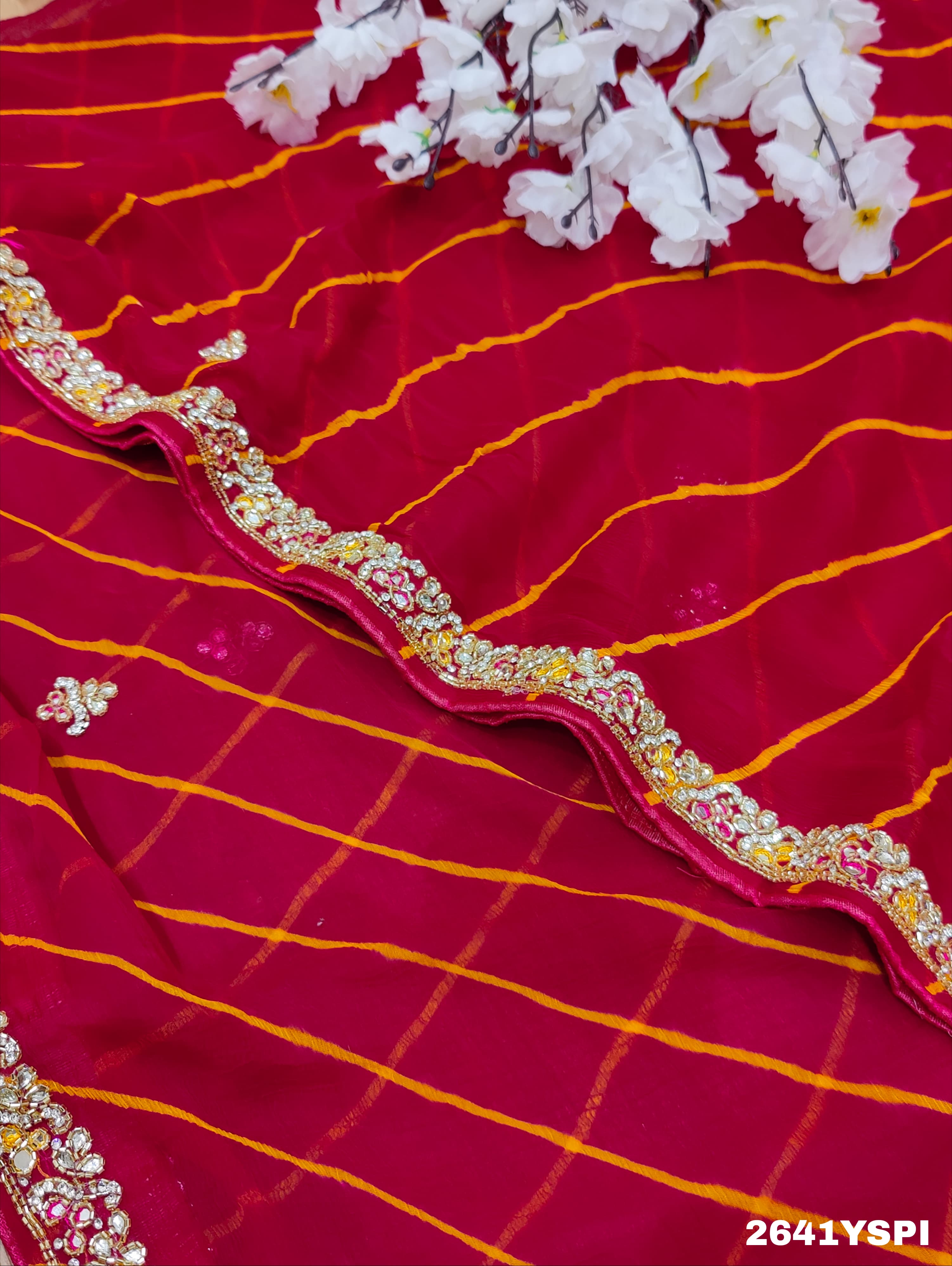 By New Chiffon Leheriya Style With Cutdana Work Saree