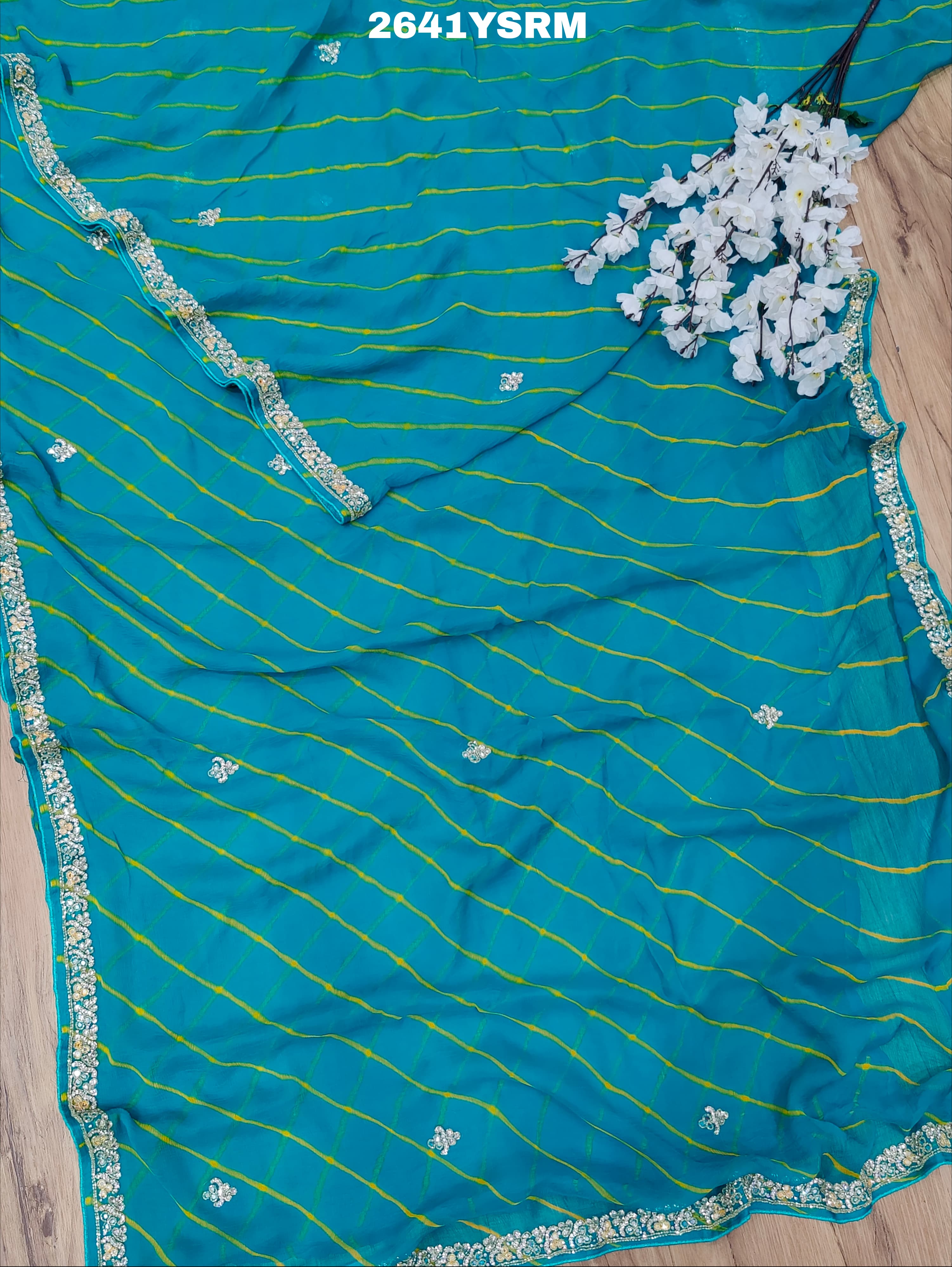 By New Chiffon Leheriya Style With Cutdana Work Saree