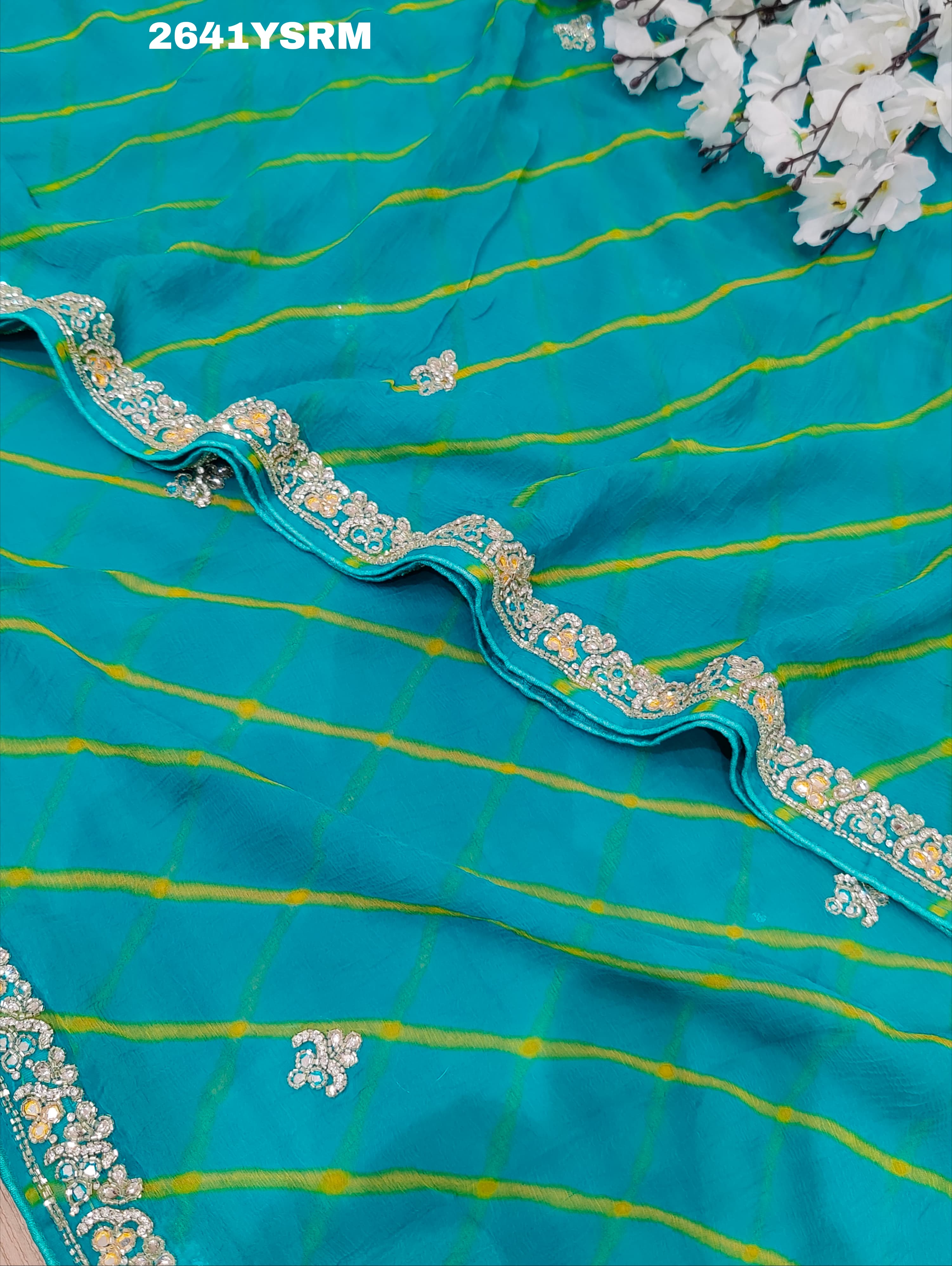 By New Chiffon Leheriya Style With Cutdana Work Saree