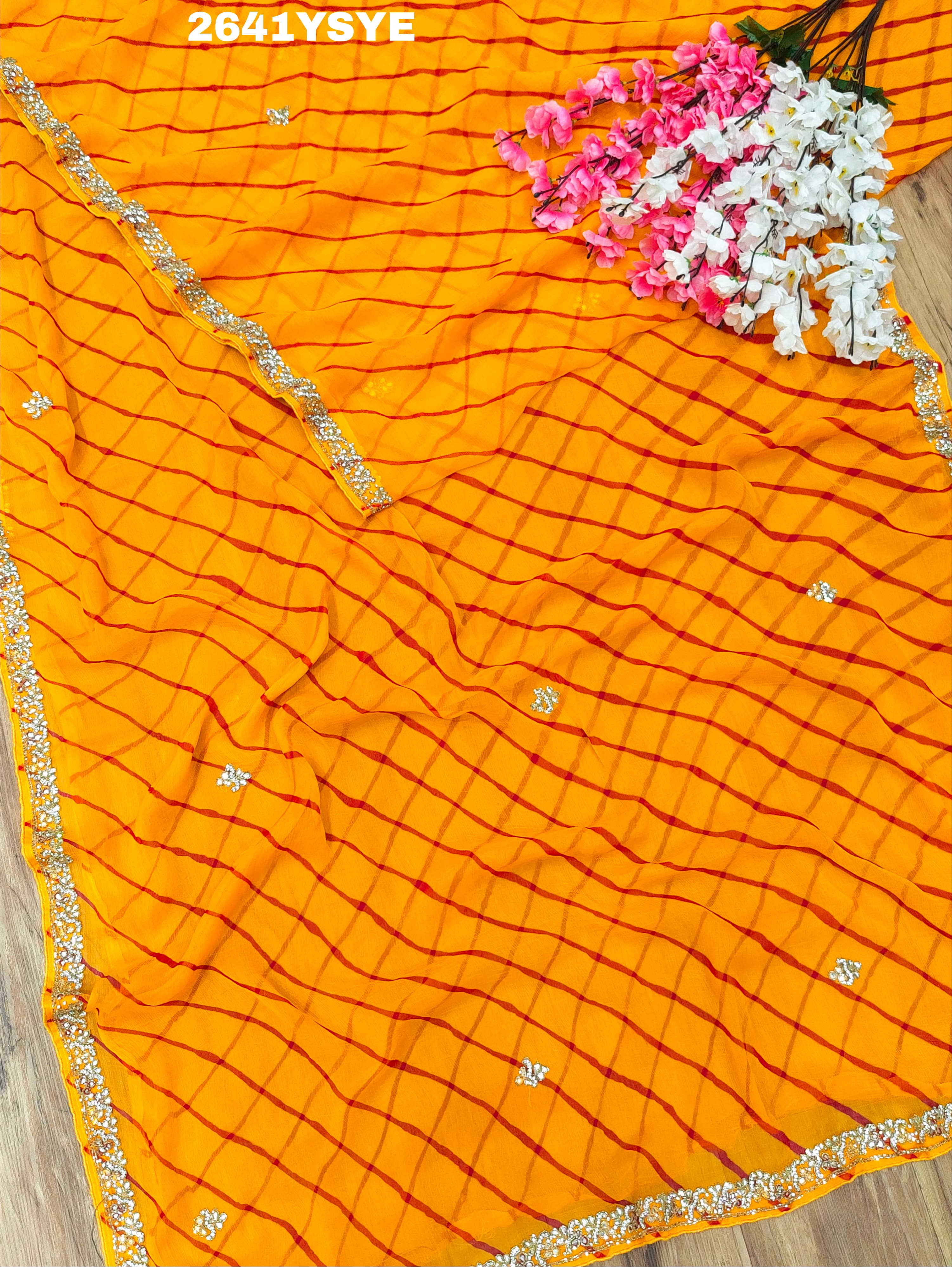 By New Chiffon Leheriya Style With Cutdana Work Saree