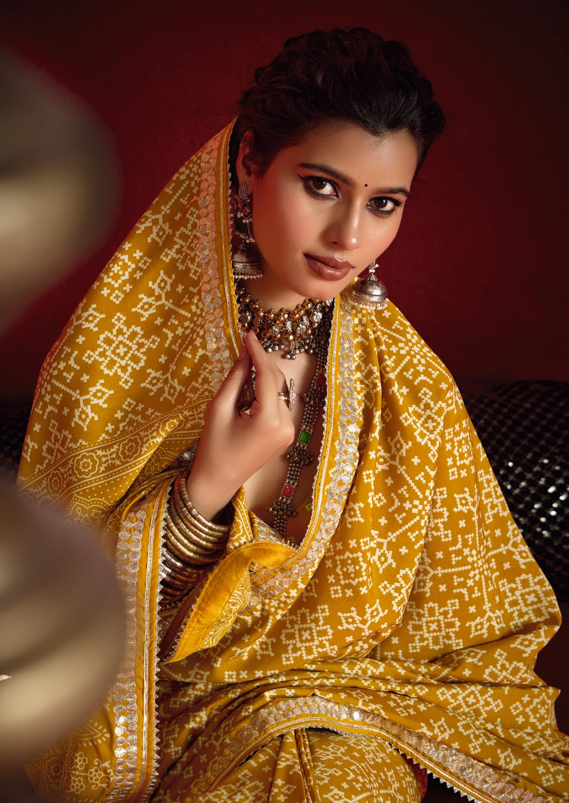 By New Arrival Modal Silk Ajrakh Style With Gotapatti Work Saree
