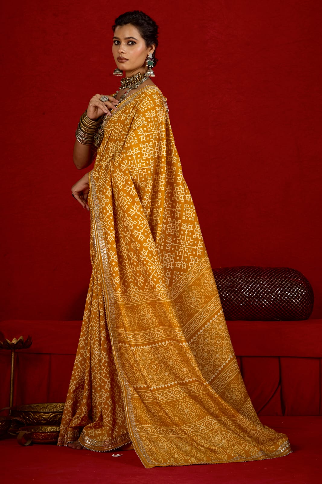 By New Arrival Modal Silk Ajrakh Style With Gotapatti Work Saree