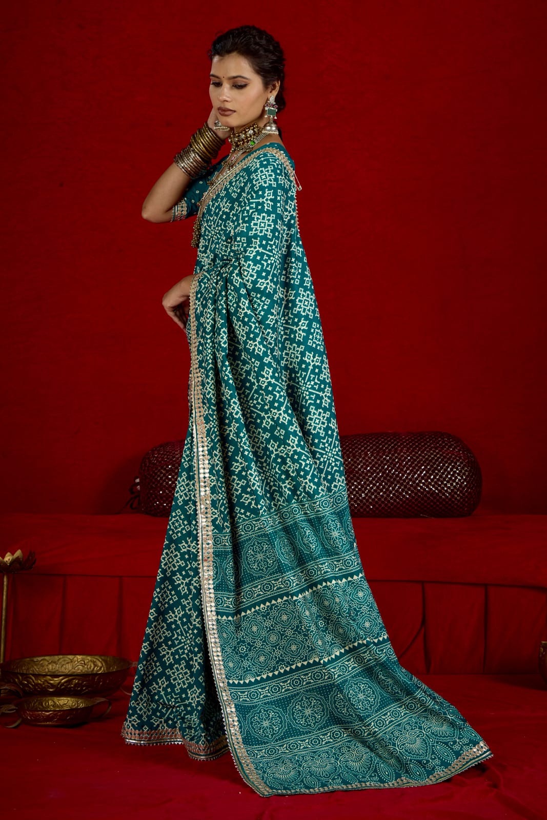 By New Arrival Modal Silk Ajrakh Style With Gotapatti Work Saree