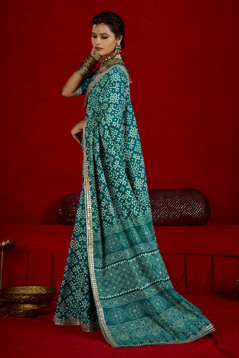 KcPc New Latest Modal Silk Ajrakh Style With Gotapatti Work Saree STR