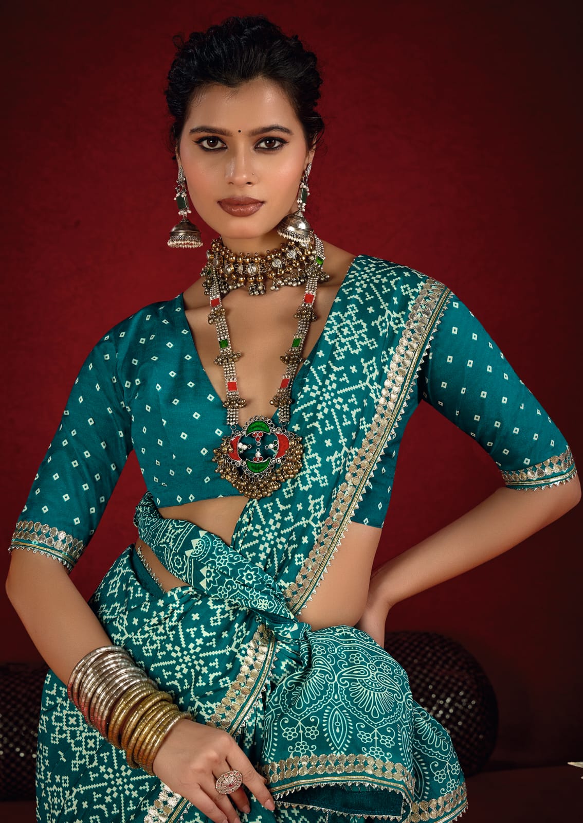 By New Arrival Modal Silk Ajrakh Style With Gotapatti Work Saree