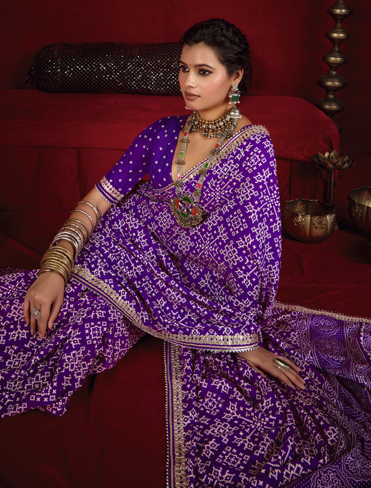 By New Arrival Modal Silk Ajrakh Style With Gotapatti Work Saree