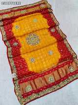 KcPc Art Silk Bandhani Style Pila Chunri with Stone Tari Handwork Traditional Wear