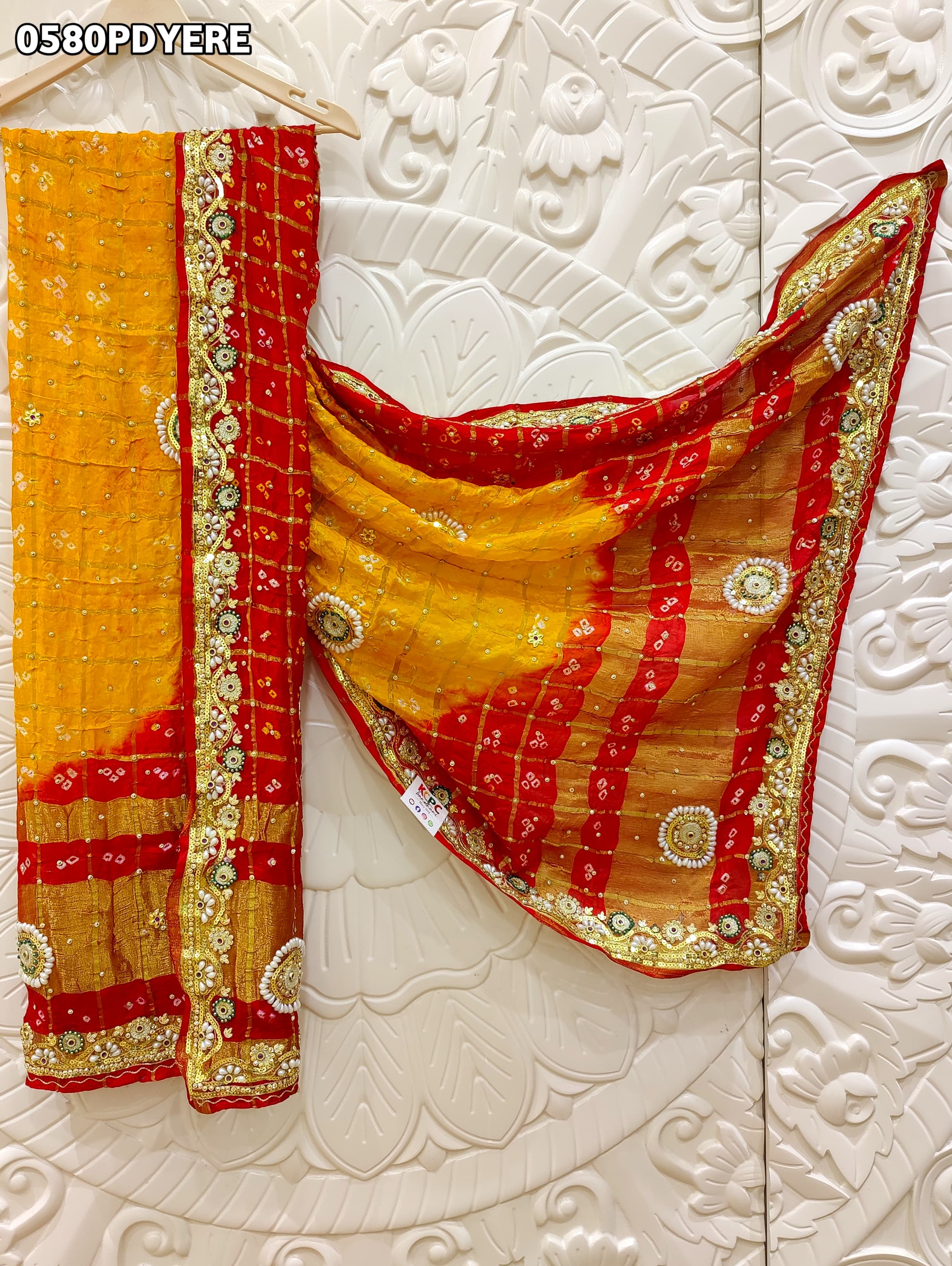 KcPc Art Silk Bandhani Style Pila Chunri with Stone Tari Handwork Traditional Wear