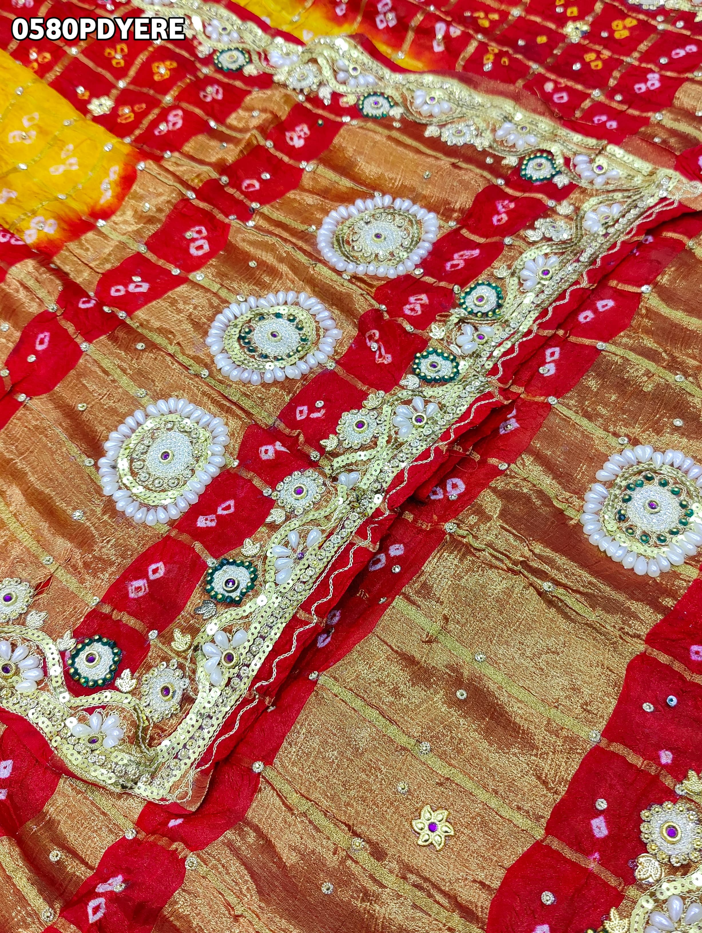 KcPc Art Silk Bandhani Style Pila Chunri with Stone Tari Handwork Traditional Wear