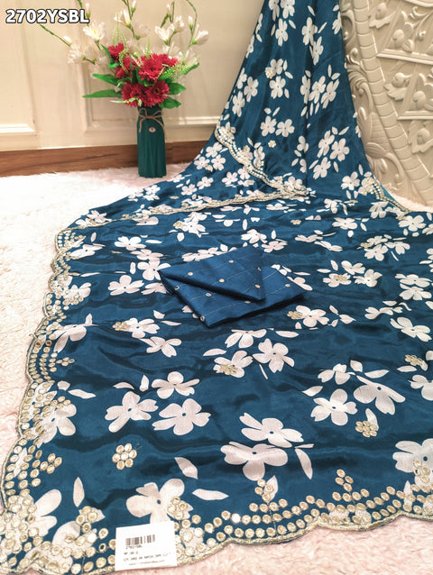 KcPc New Printed Crepe Silk Saree with Embroidered Mirror Work Saree GAN