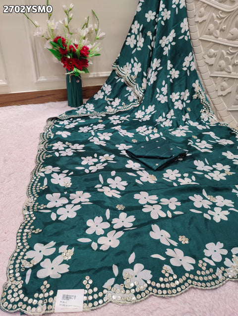 KcPc New Printed Crepe Silk Saree with Embroidery Mirror WorkSaree GAN