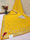 By Yellow saree with silver embroiderySilk Leheriya Style for festive 