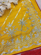 By Yellow saree with silver embroiderySilk Leheriya Style for festive 