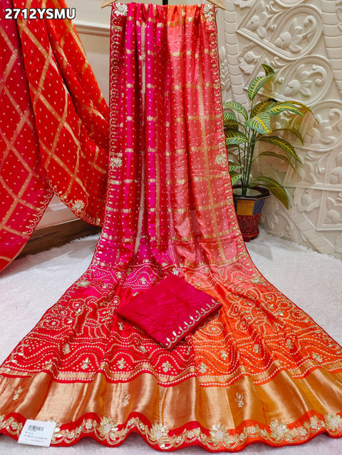 KcPc New H O Silk Bandhani Style With Cutdana Work Saree RG